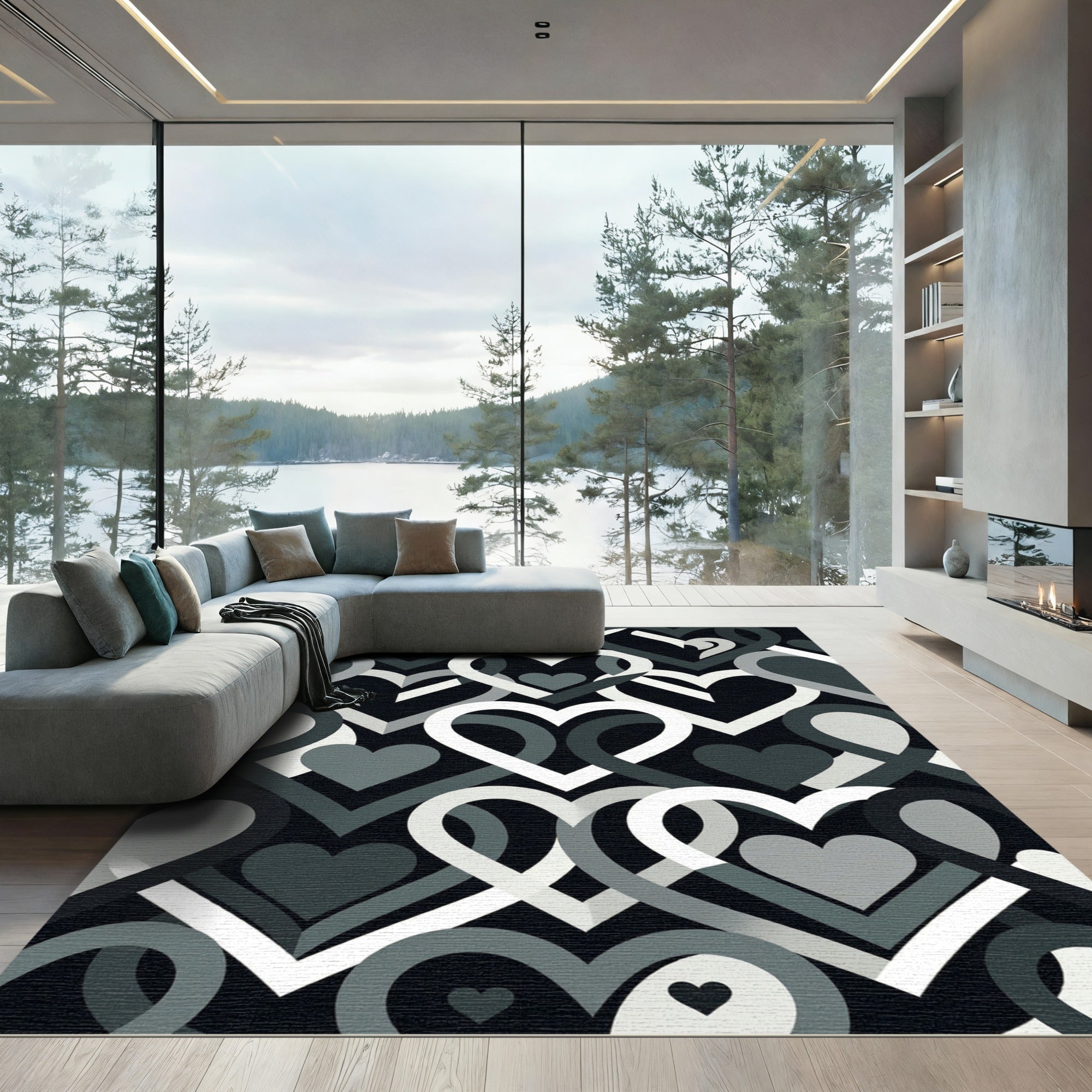 Modern Interlocking Monochrome Heart Grid Rug