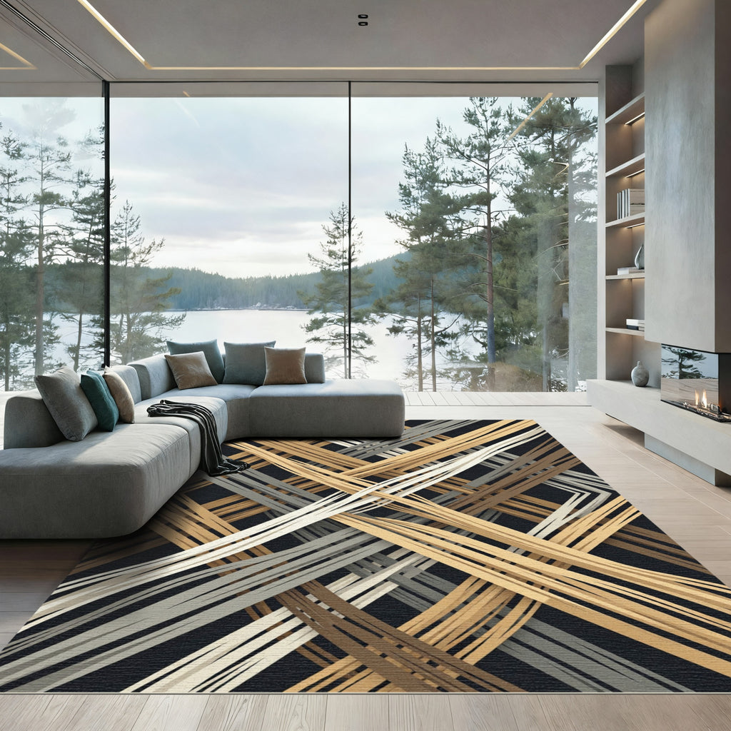 Abstract Neutral Tonal Interwoven Linear Grid Rug