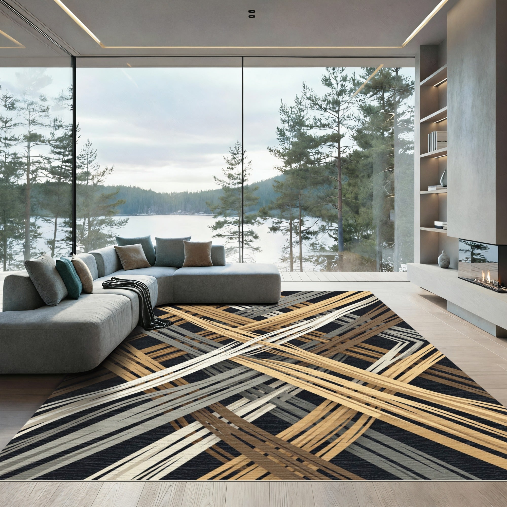 Abstract Neutral Tonal Interwoven Linear Grid Rug