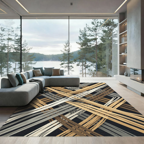 Abstract Neutral Tonal Interwoven Linear Grid Rug