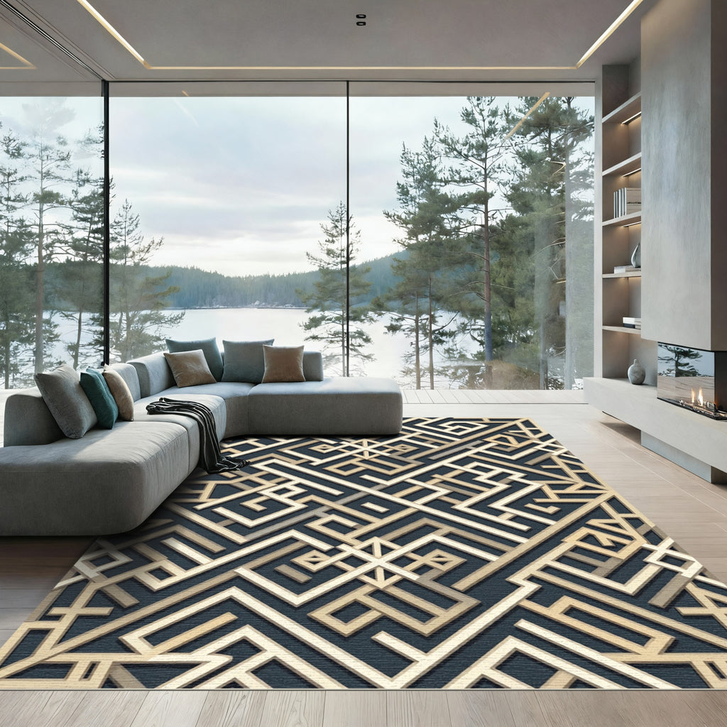 Geometric Interlocking Gold Arabic Calligraphy Rug