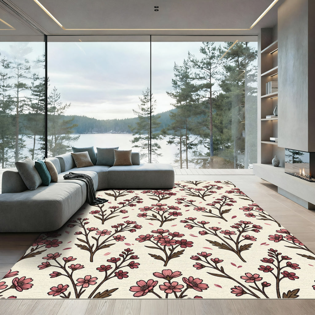 Vintage Pink Floral Meadow Illustration Rug