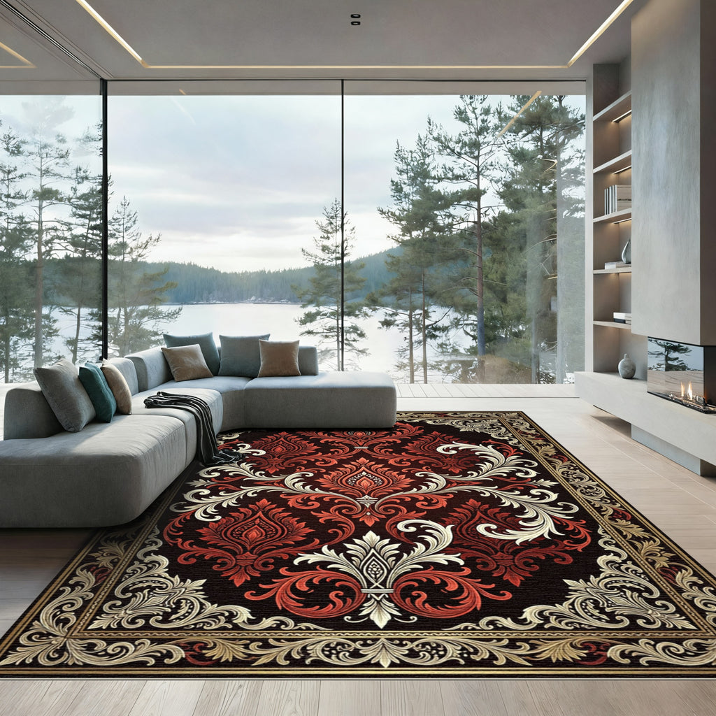 Ornate Crimson Floral Damask Medallion Rug