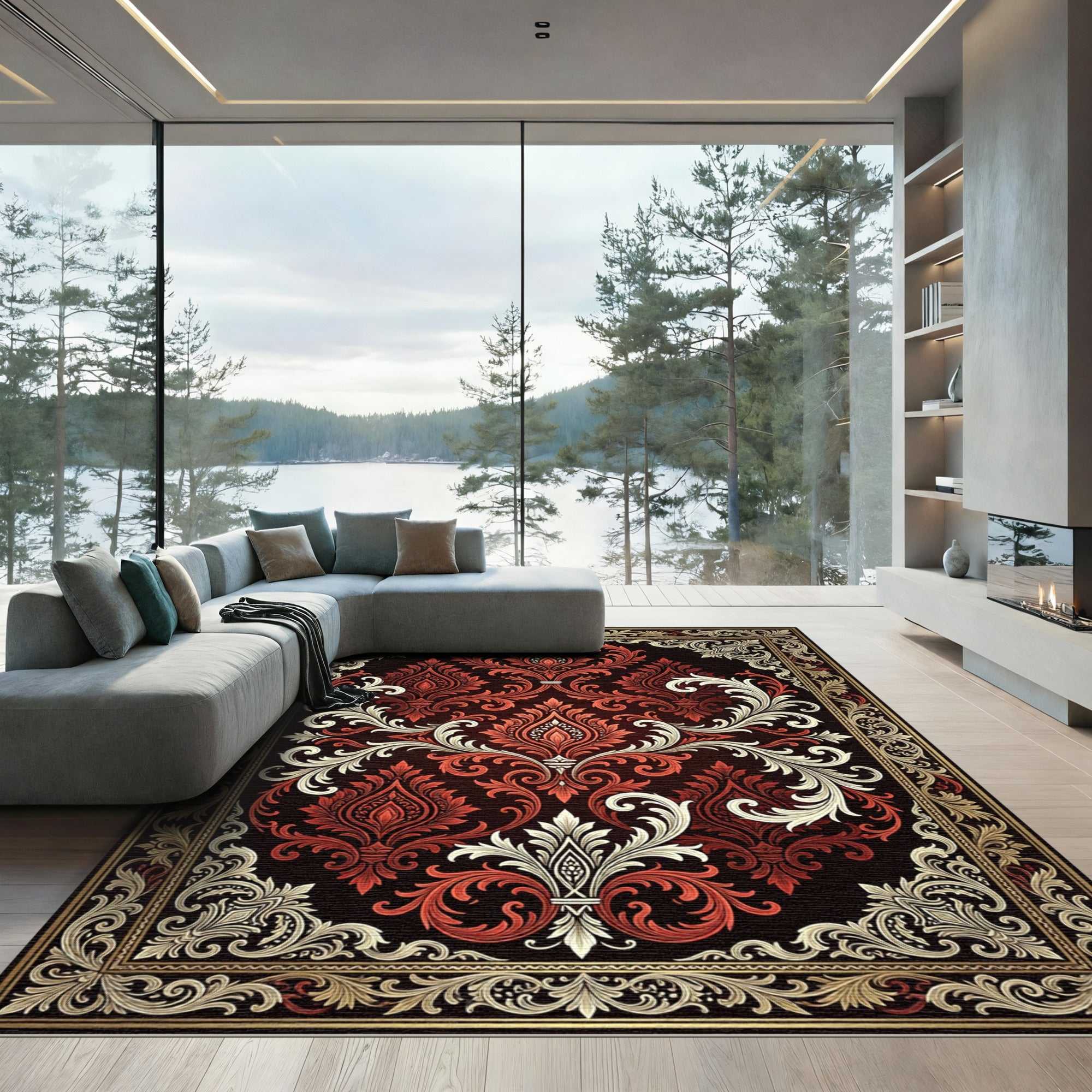 Ornate Crimson Floral Damask Medallion Rug