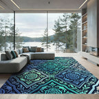 Faceted Blue Teal Rose Scrollwork Rug