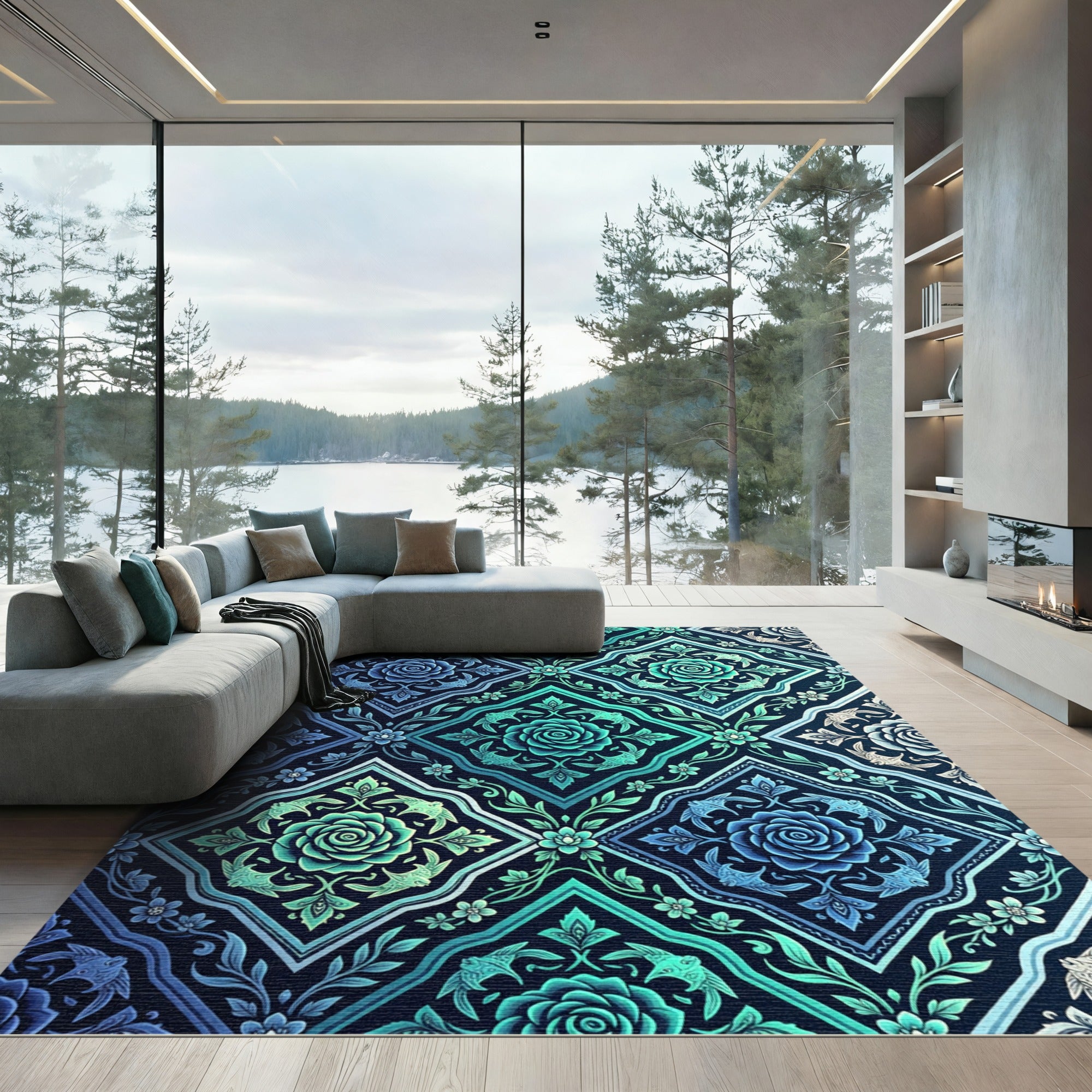 Faceted Blue Teal Rose Scrollwork Rug