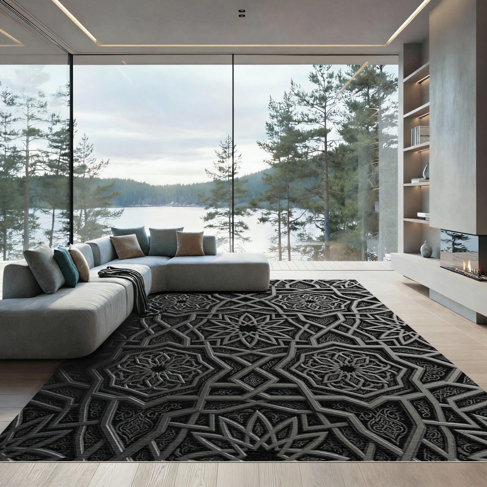 Sophisticated Charcoal Geometric Interlocking Star Rug