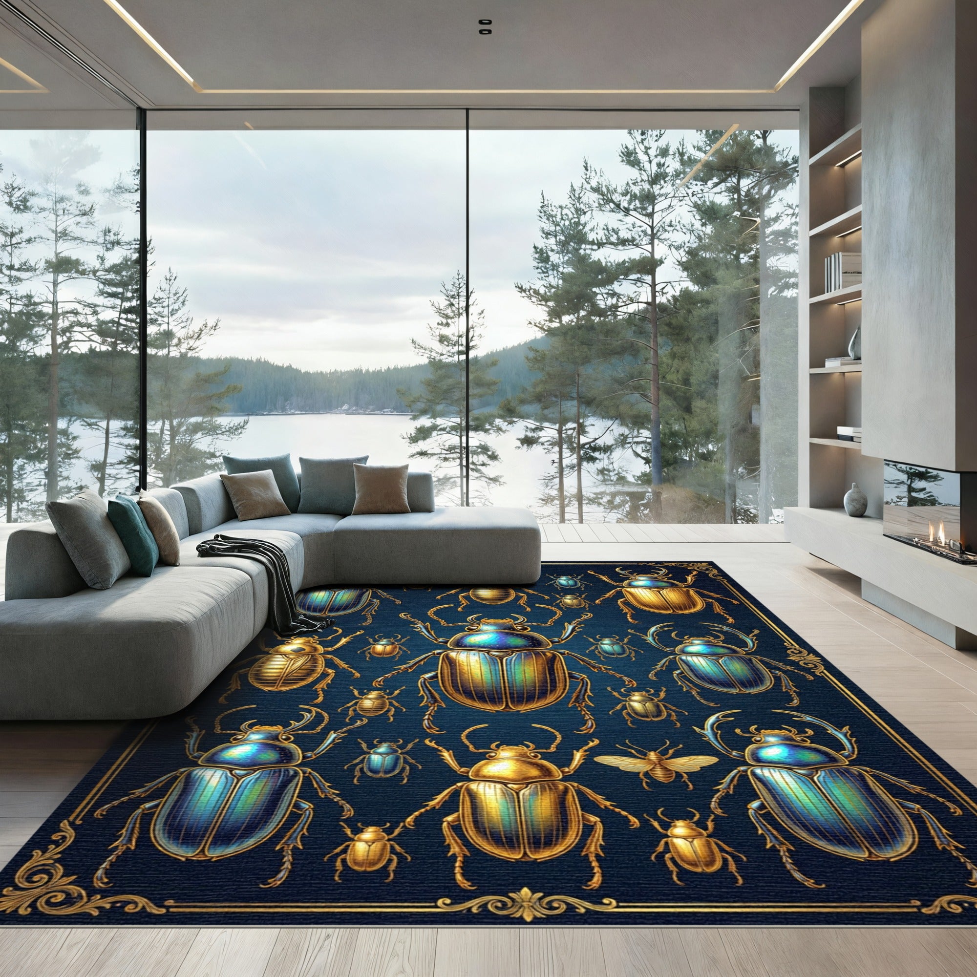 Golden Iridescent Beetle Entomology Art Rug