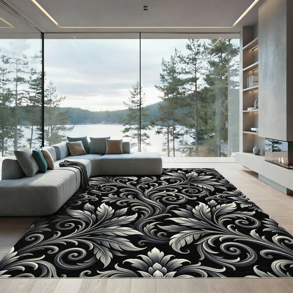 Ornate Black White Floral Scroll Rug