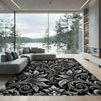Ornate Black White Floral Scroll Rug