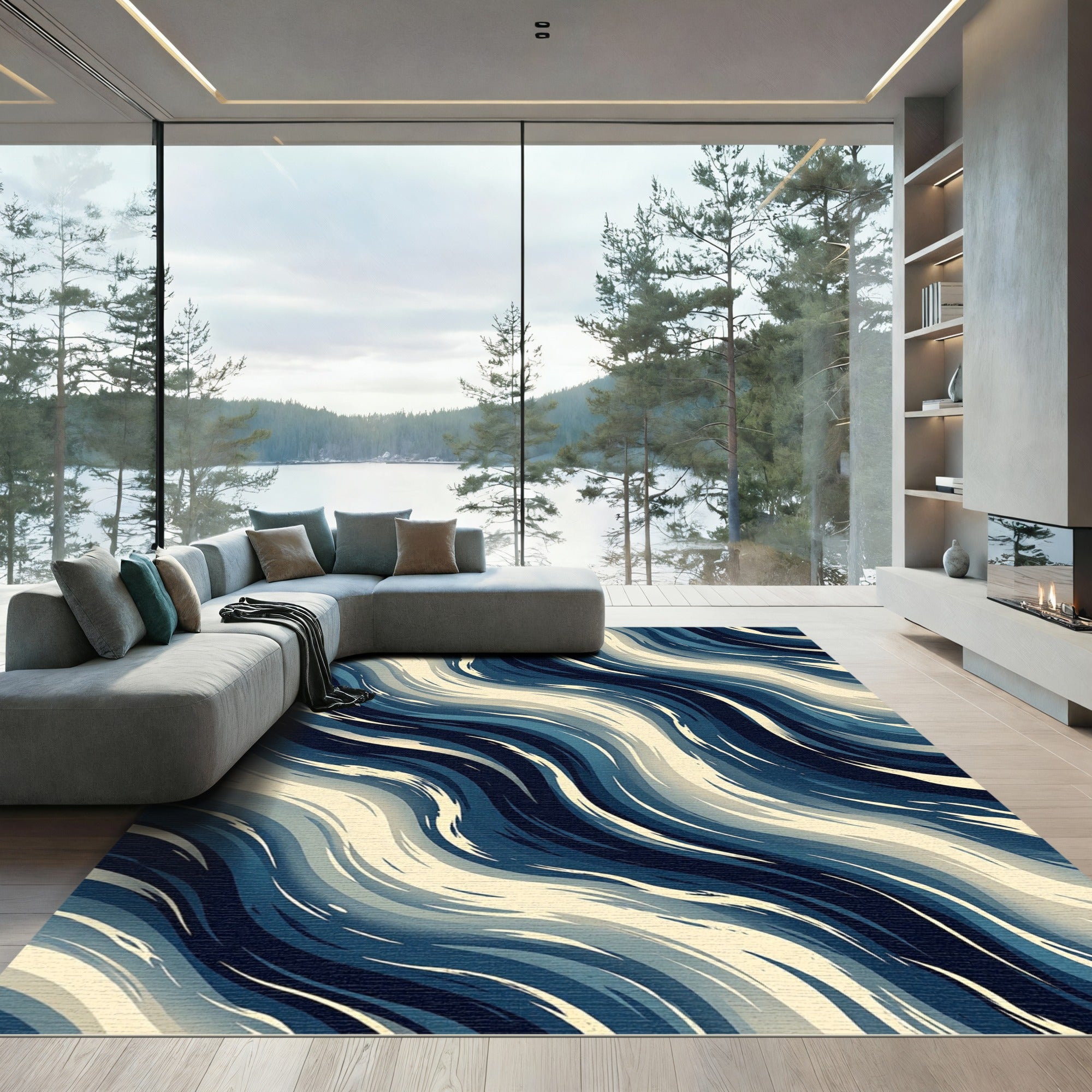 Modern Navy and Cream Abstract Waves Rug