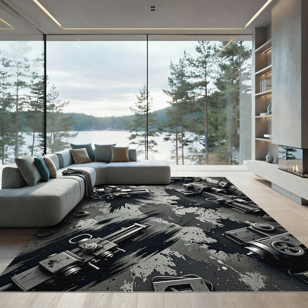 Industrial Monochrome Abstract Machinery Spill Rug