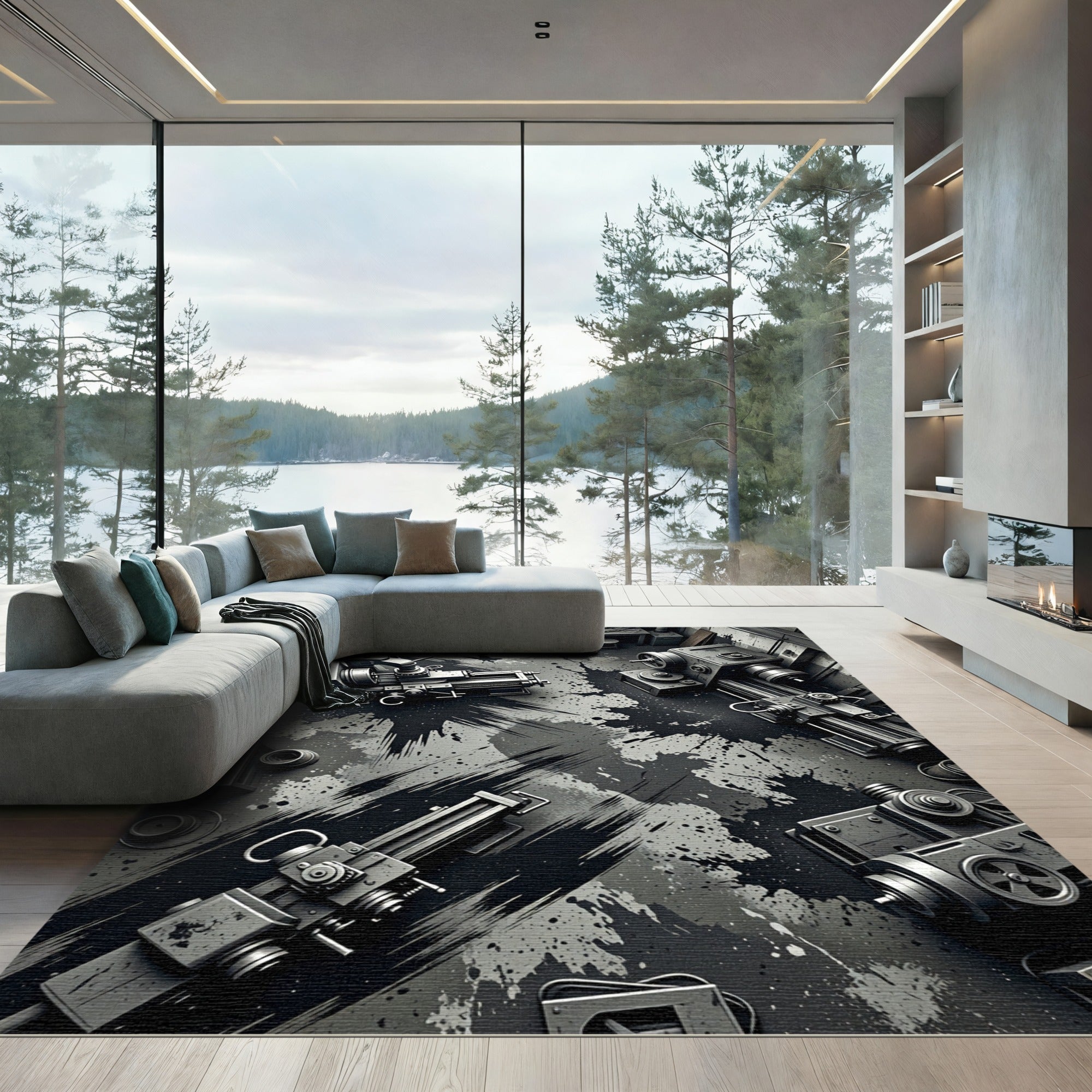 Industrial Monochrome Abstract Machinery Spill Rug