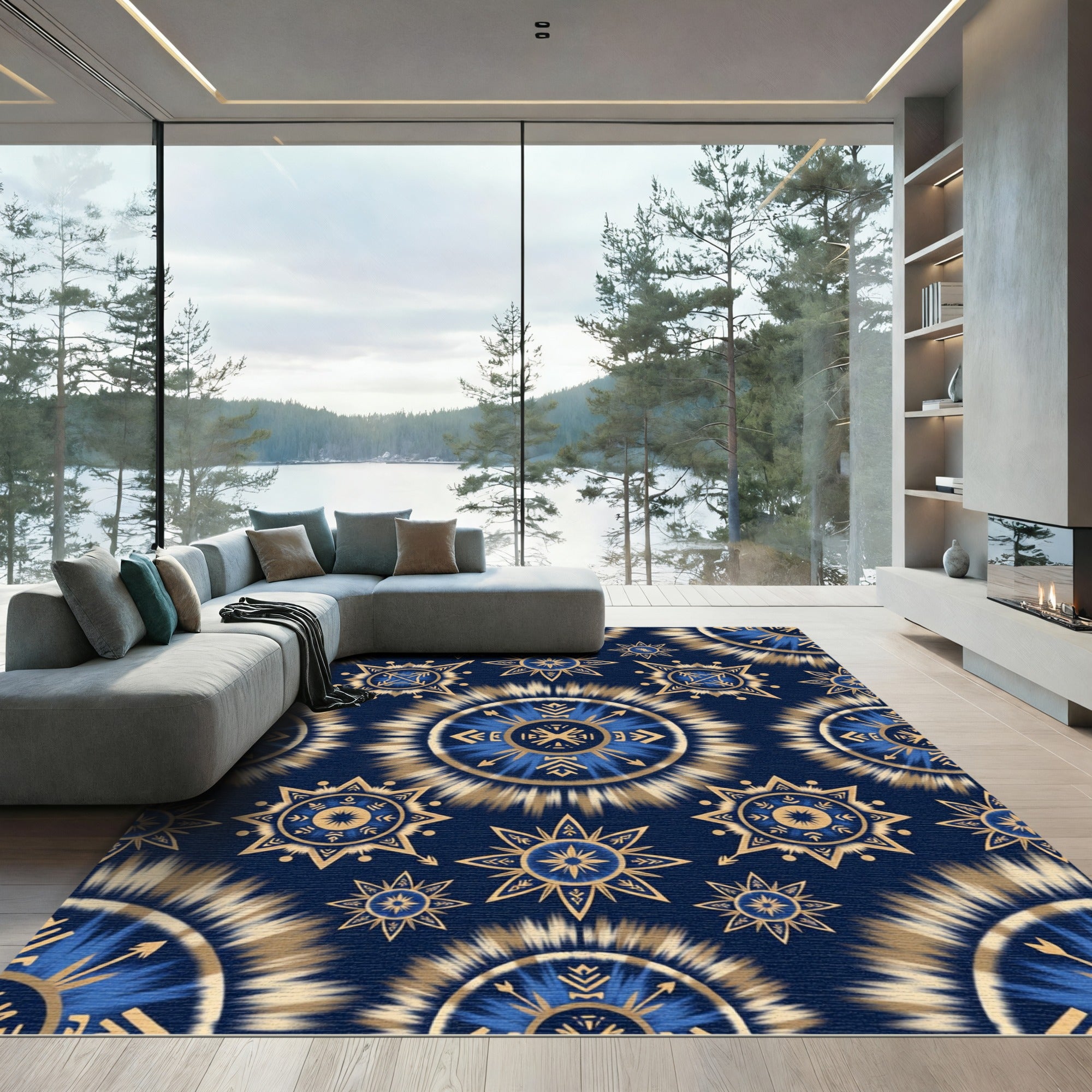 Navy Blue Golden Sunburst Tie Dye Rug