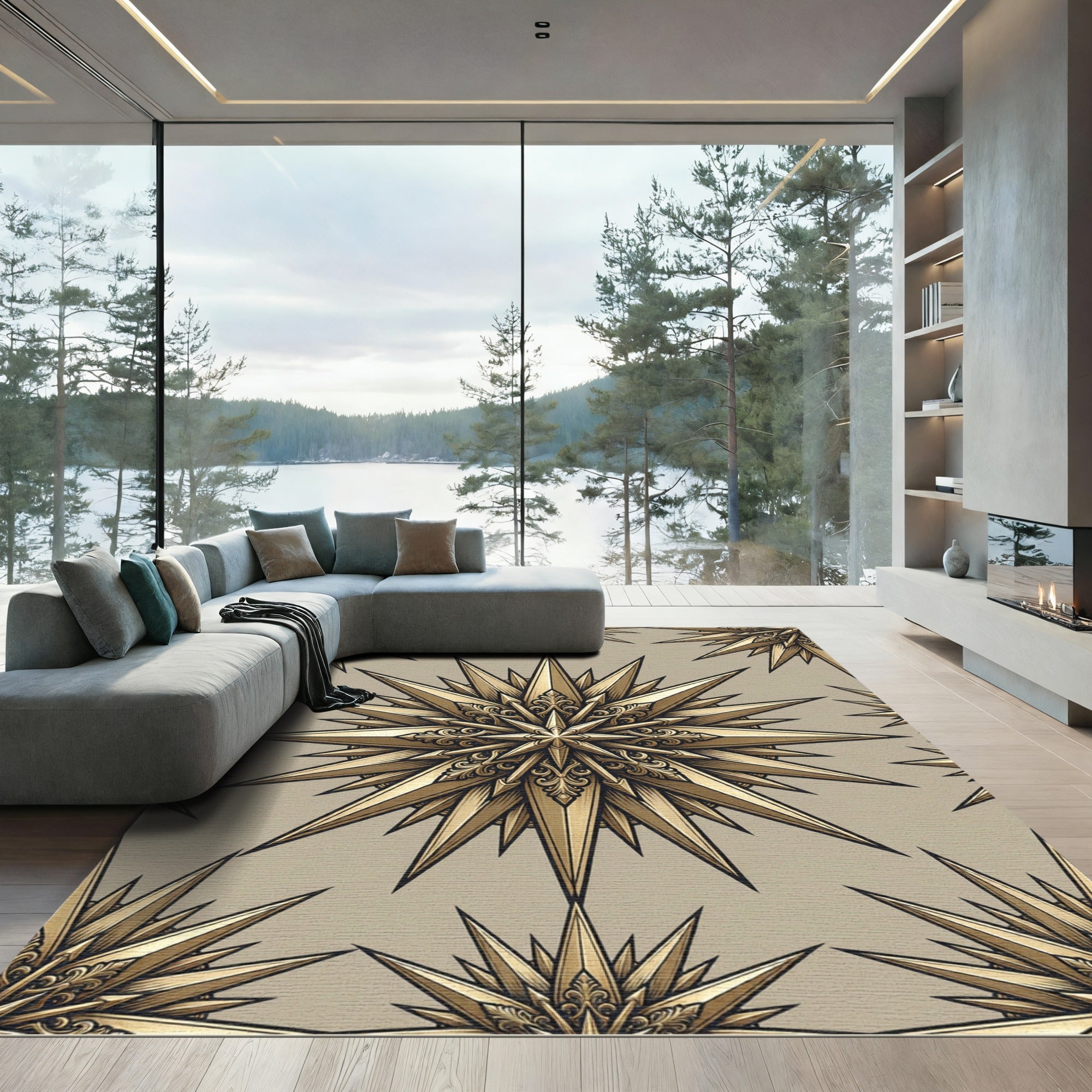Golden Ornate Starburst Pattern Rug