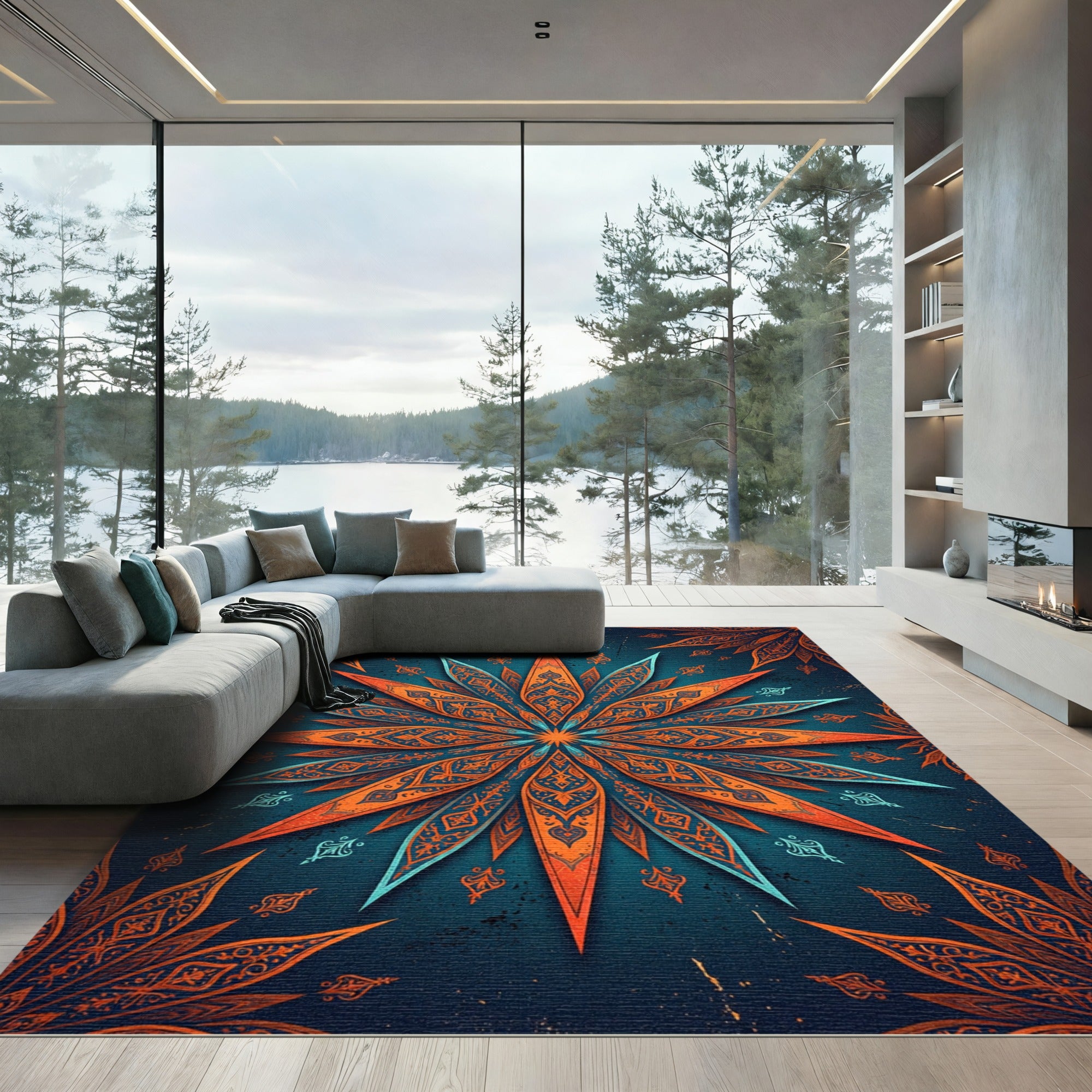 Ornate Navy and Copper Starburst Rug