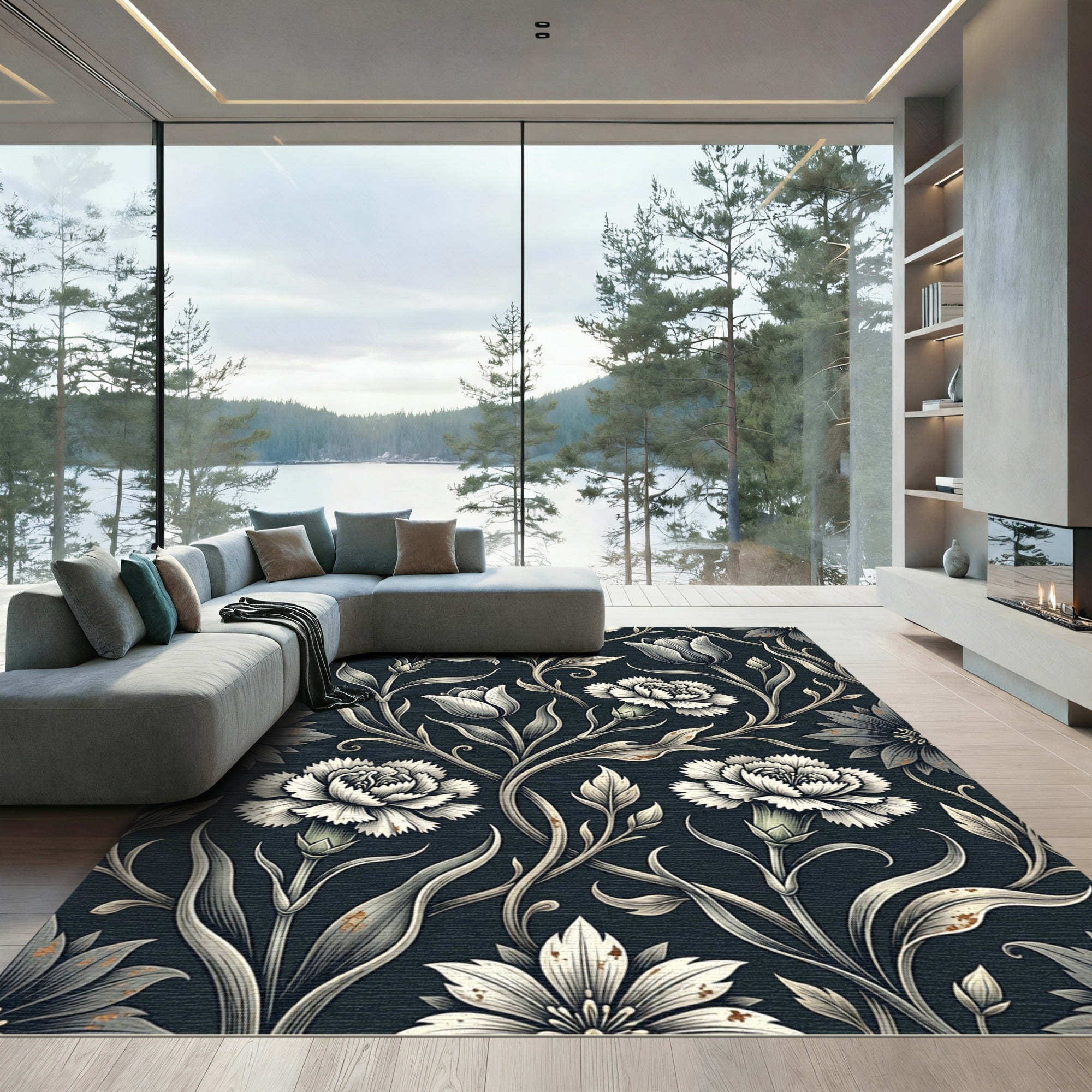 Dark Floral Victorian Botanical Scroll Rug