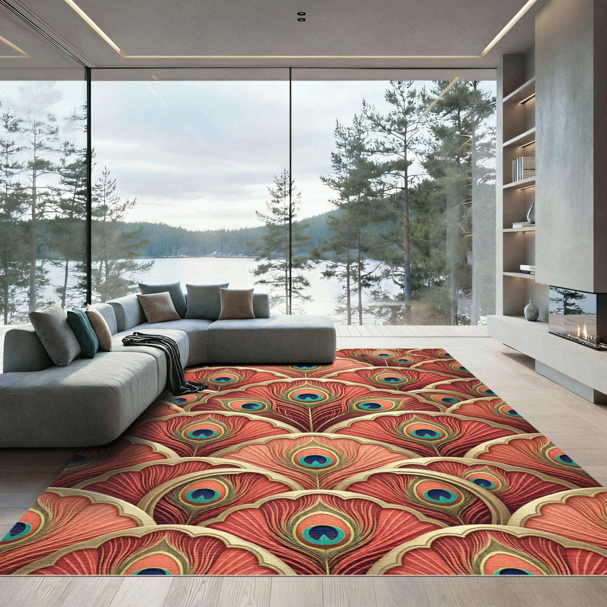Art Deco Coral Peacock Feather Rug