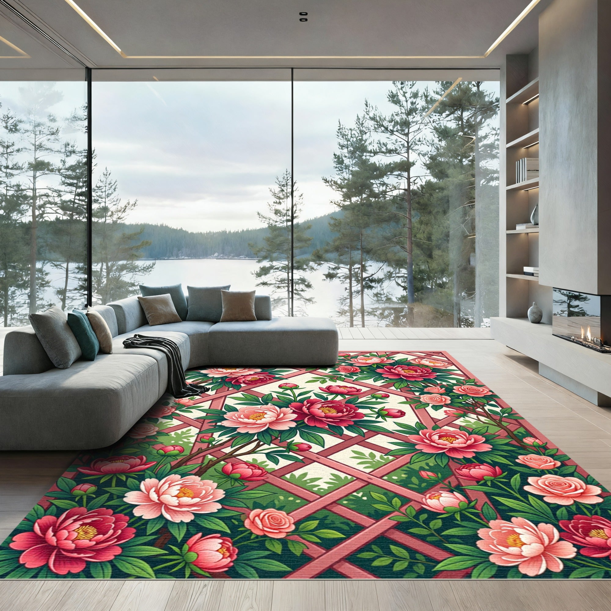 Crimson Pink Peony Trellis Garden Rug