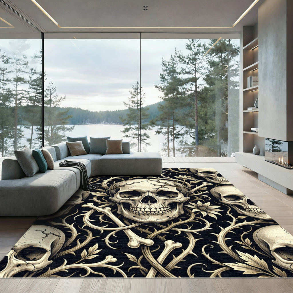 Gothic Skull and Thorn Floral Cream Rug
