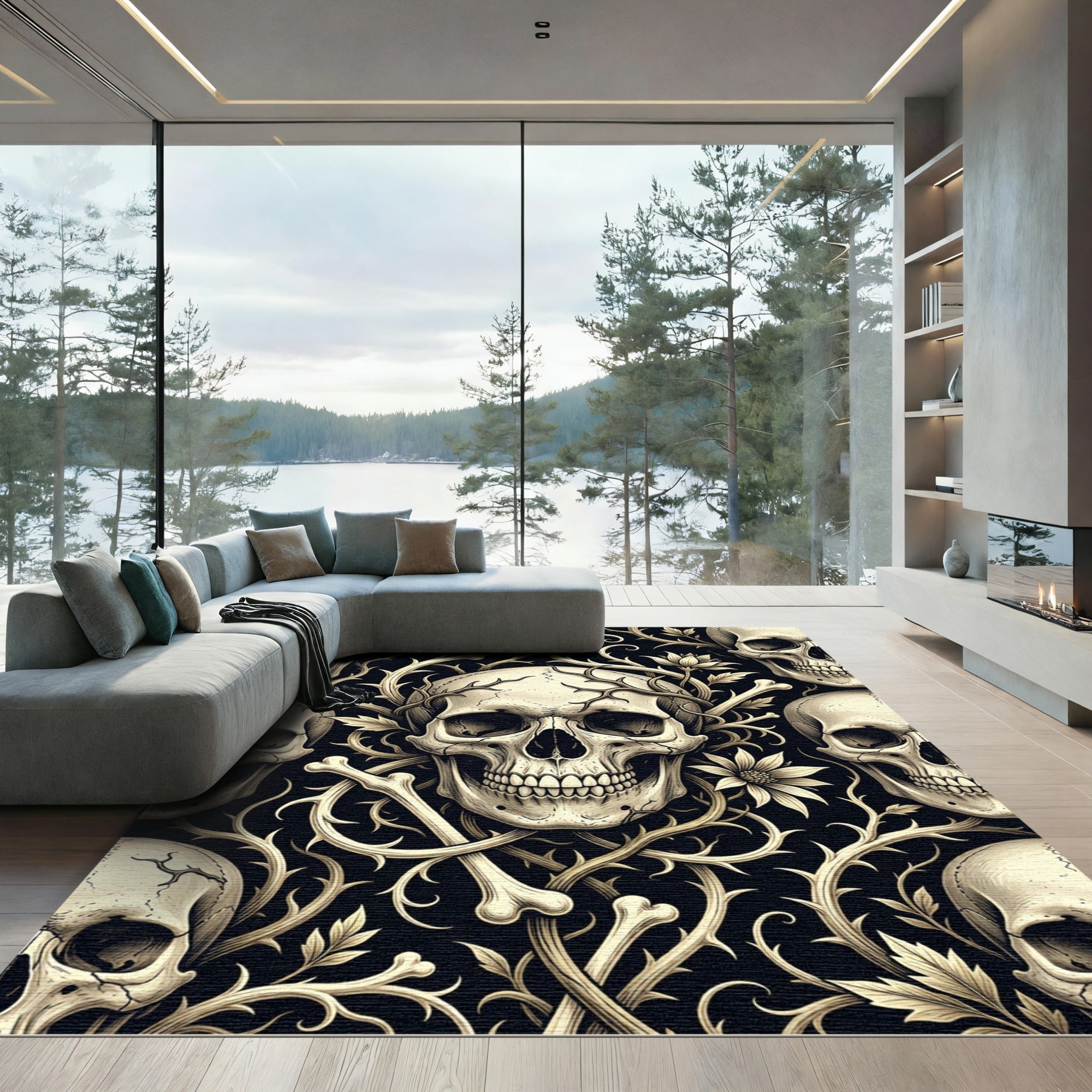 Gothic Skull and Thorn Floral Cream Rug