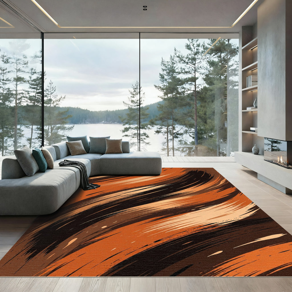 Abstract Burnt Orange Black Swirls Rug