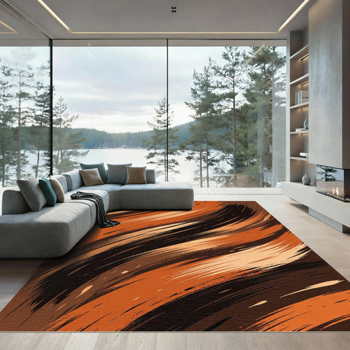 Abstract Burnt Orange Black Swirls Rug