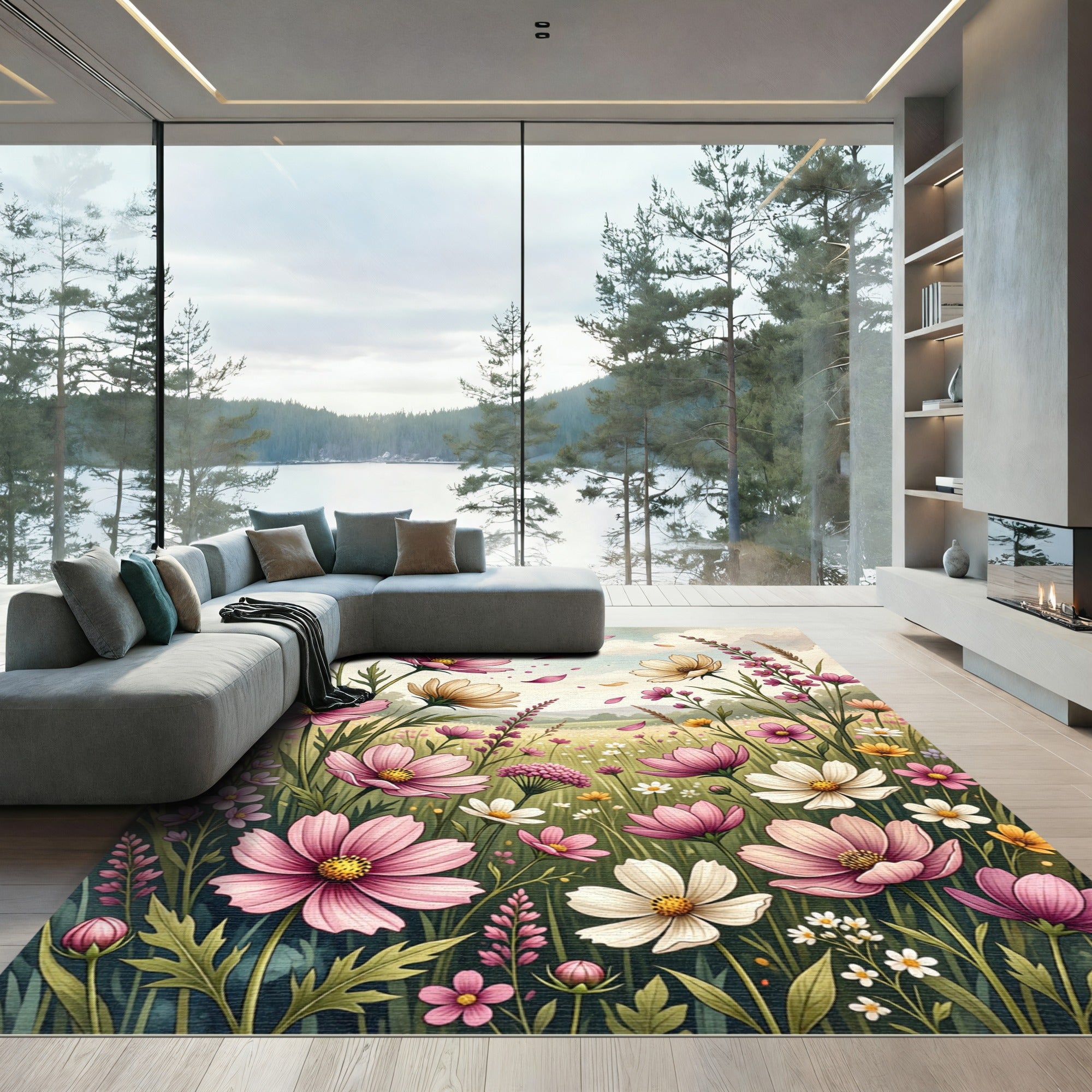 Watercolor Meadow Cosmos Floral Field Rug