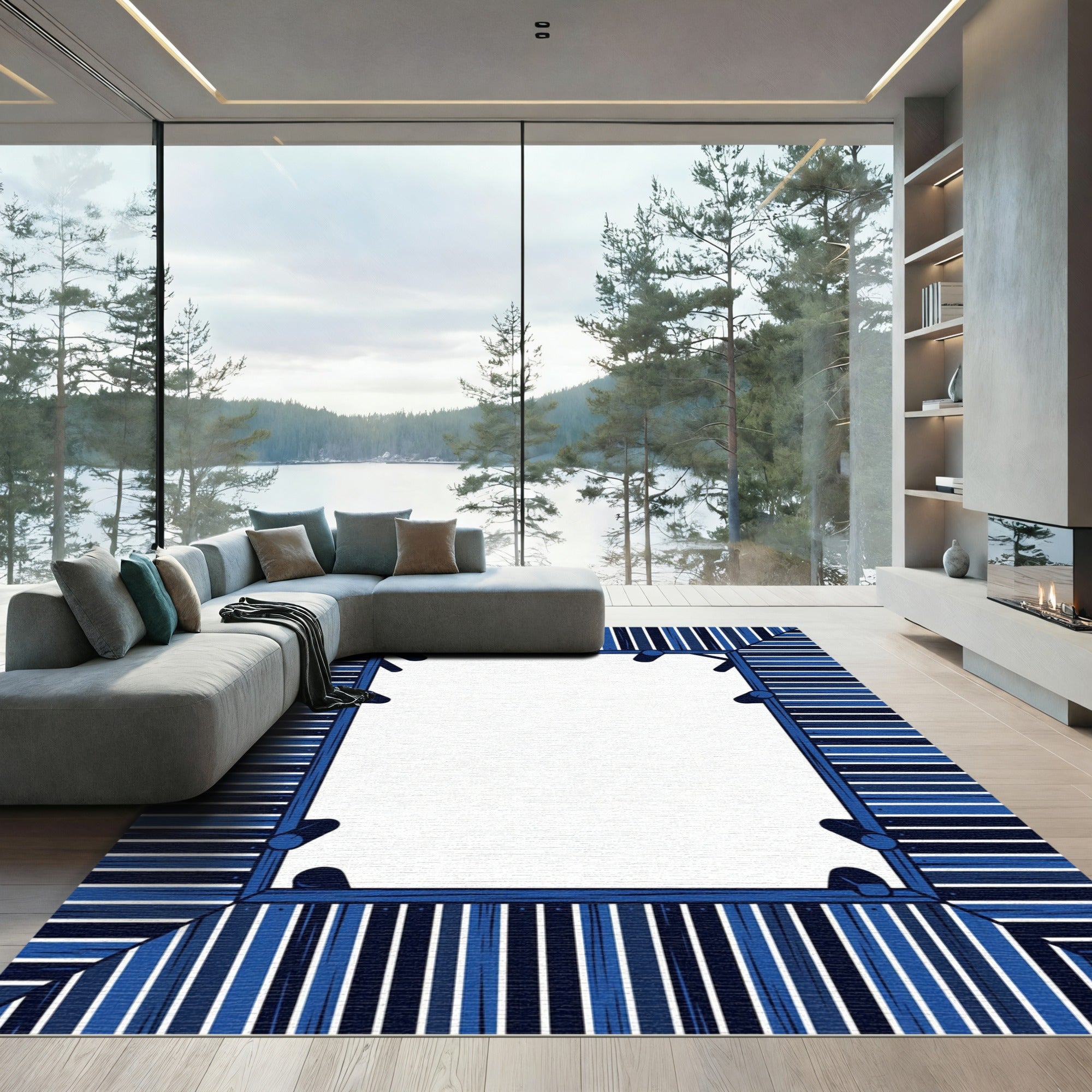 Navy Blue Linear Wood Plank Frame Rug