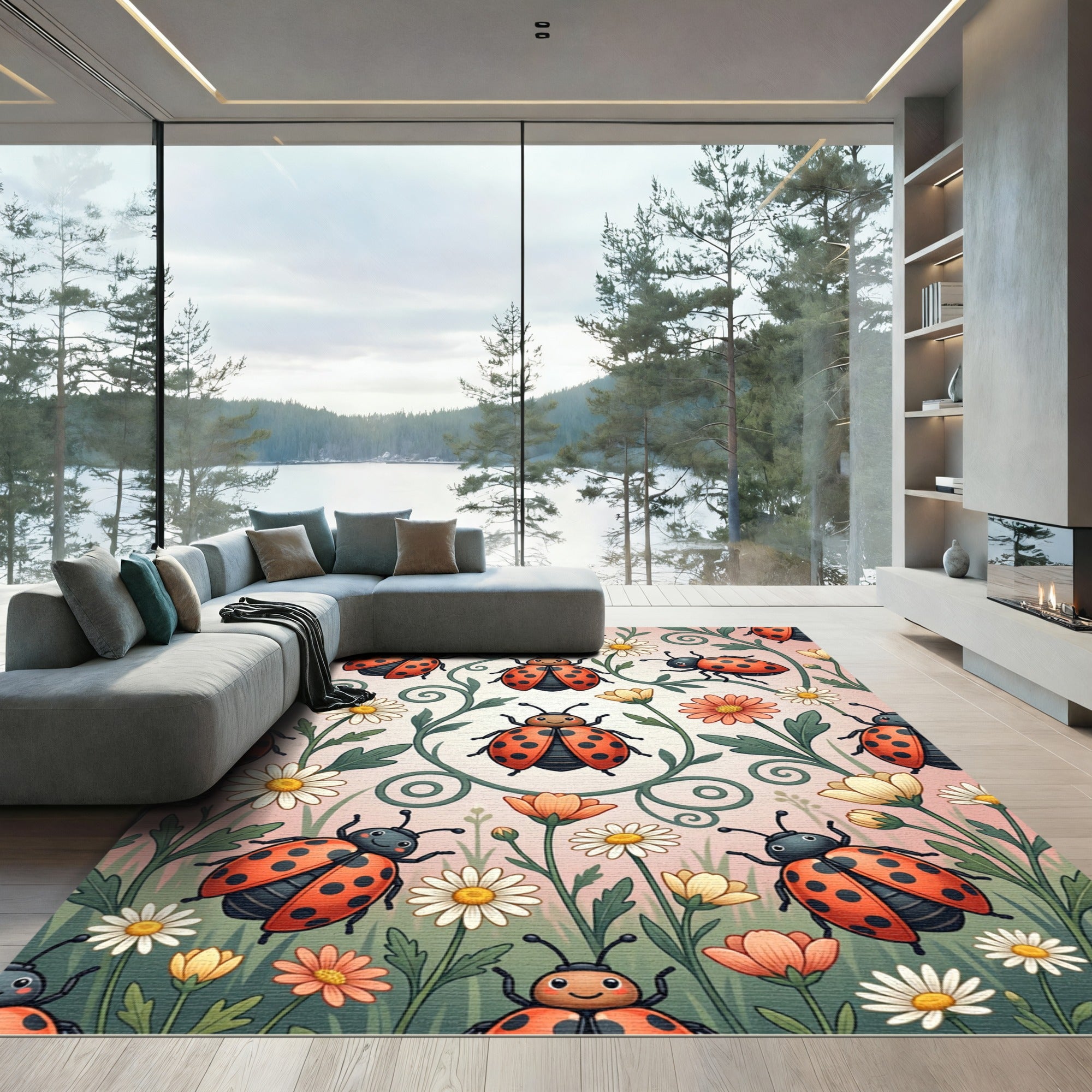 Whimsical Ladybug Garden Illustration Rug