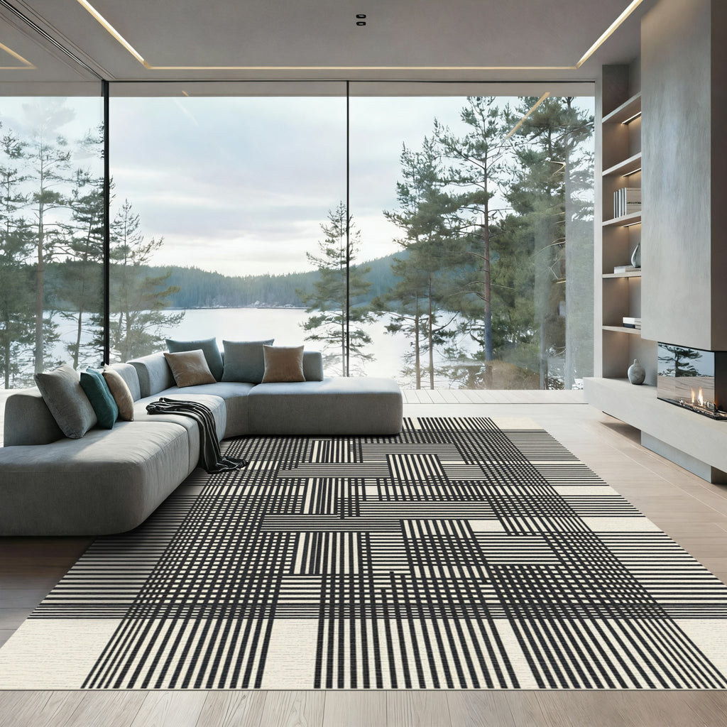 Black and White Geometric Interlocking Lines Rug