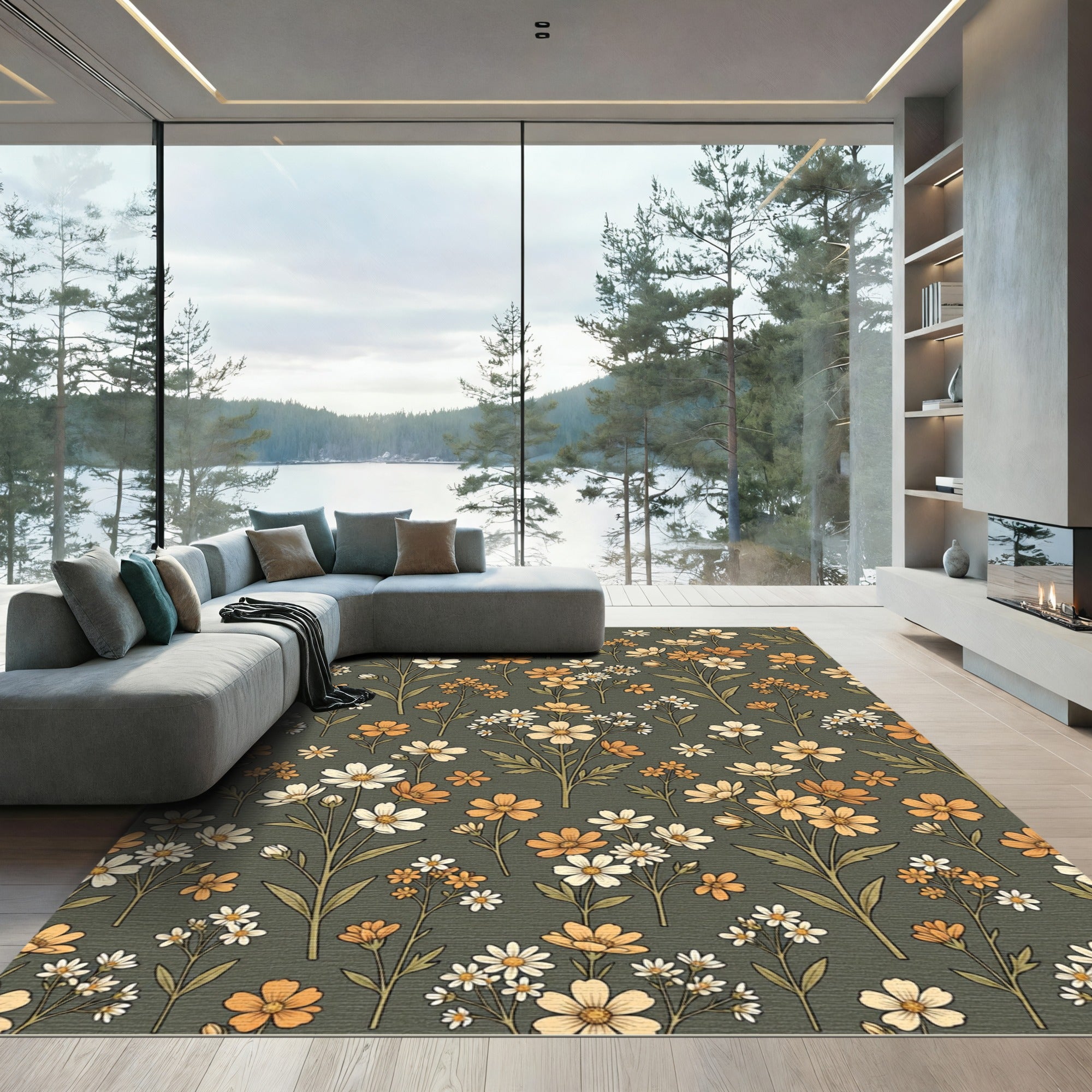 Cream Orange Meadow Wildflower Arrangement Rug