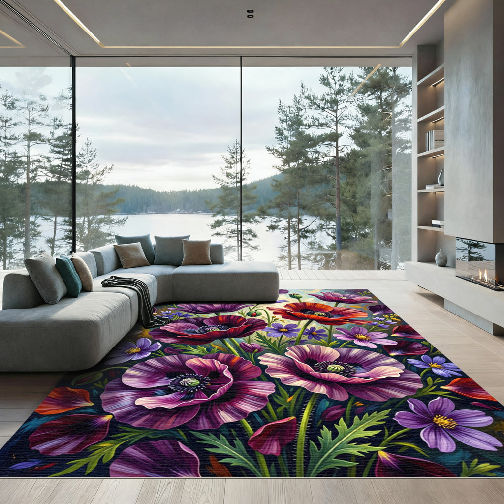 Vibrant Purple Red Poppy Floral Rug