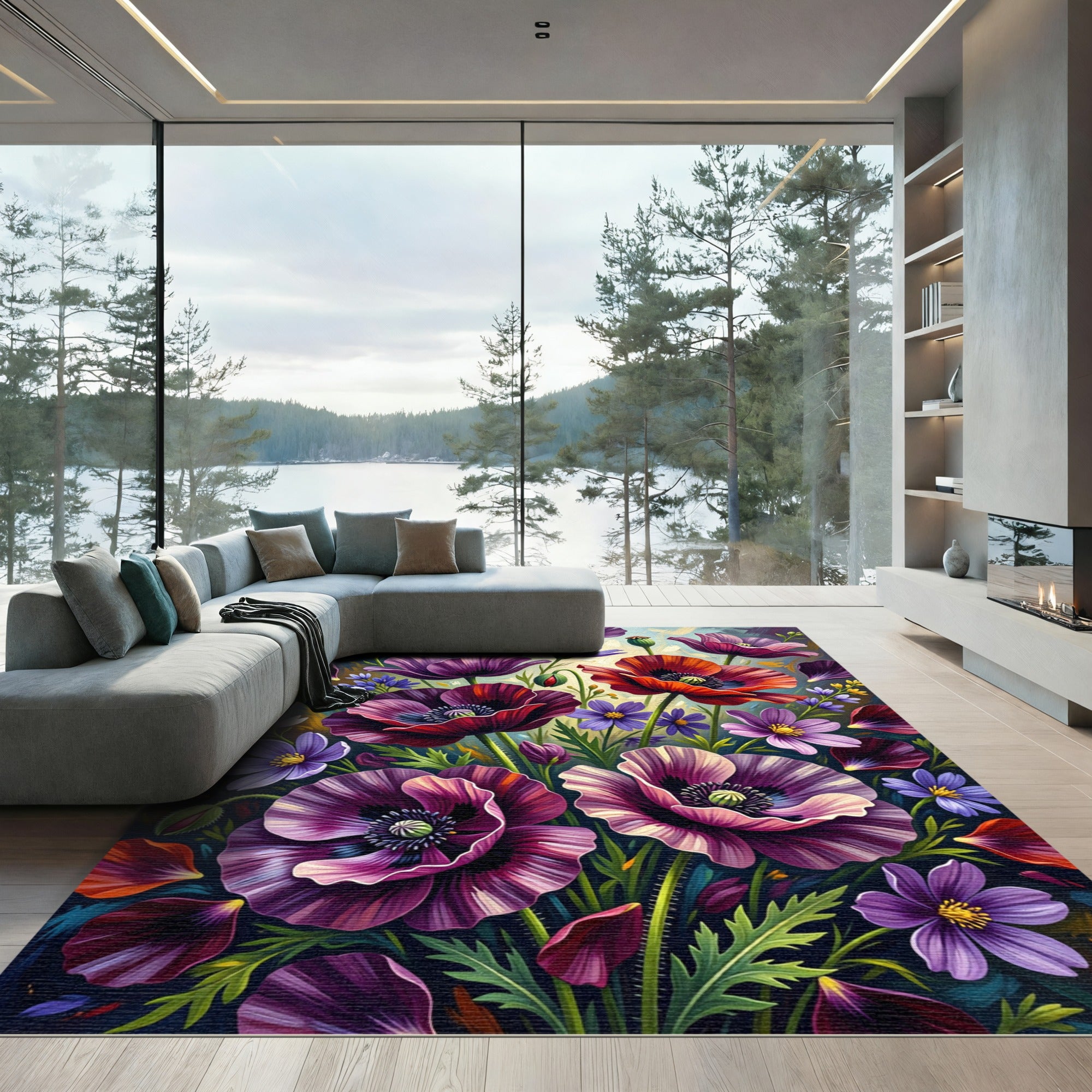Vibrant Purple Red Poppy Floral Rug