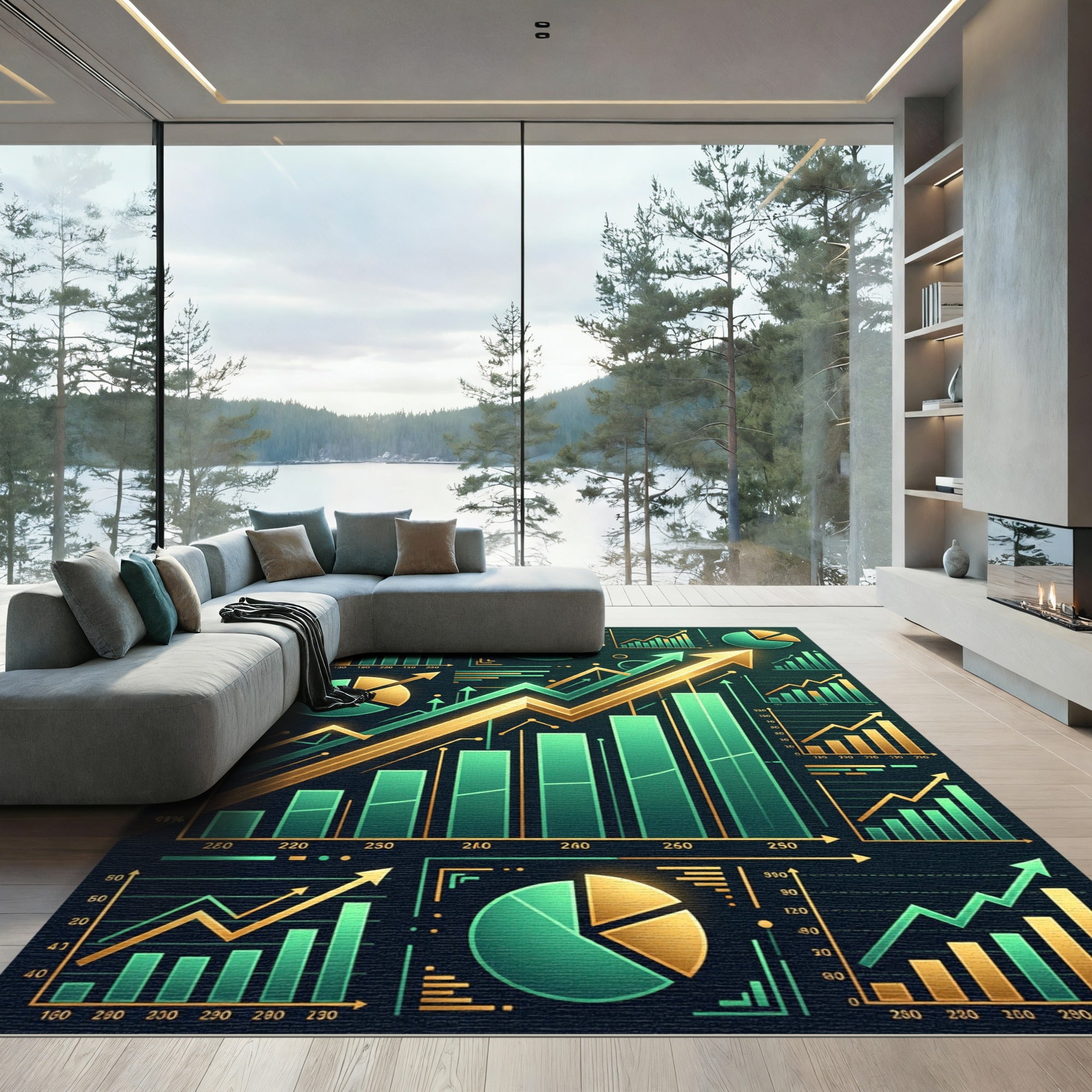 Modern Gold Financial Chart Graph Art Rug