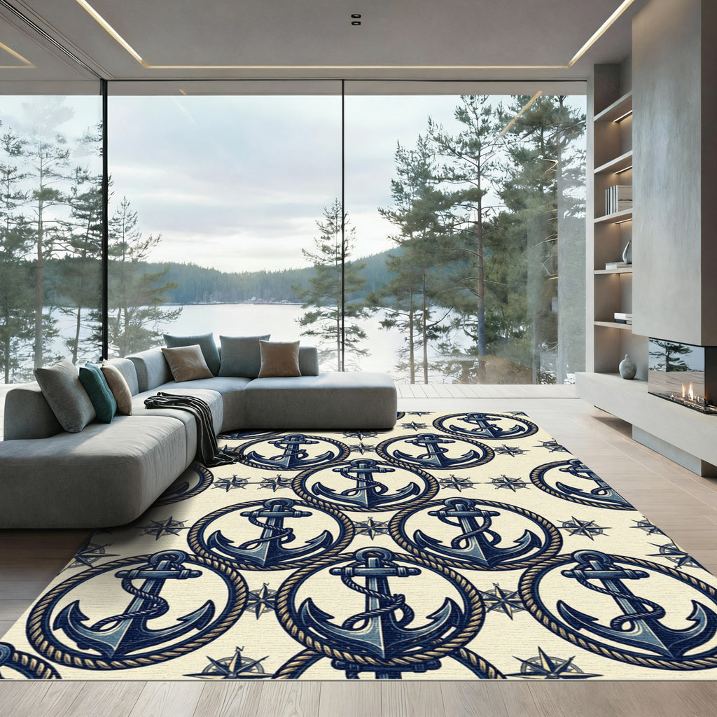 Navy Nautical Anchor Compass Cream Rug