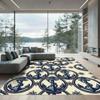Navy Nautical Anchor Compass Cream Rug