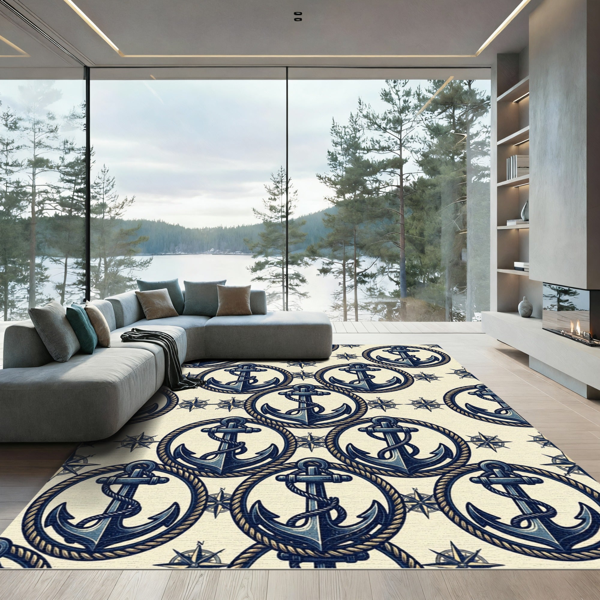 Navy Nautical Anchor Compass Cream Rug