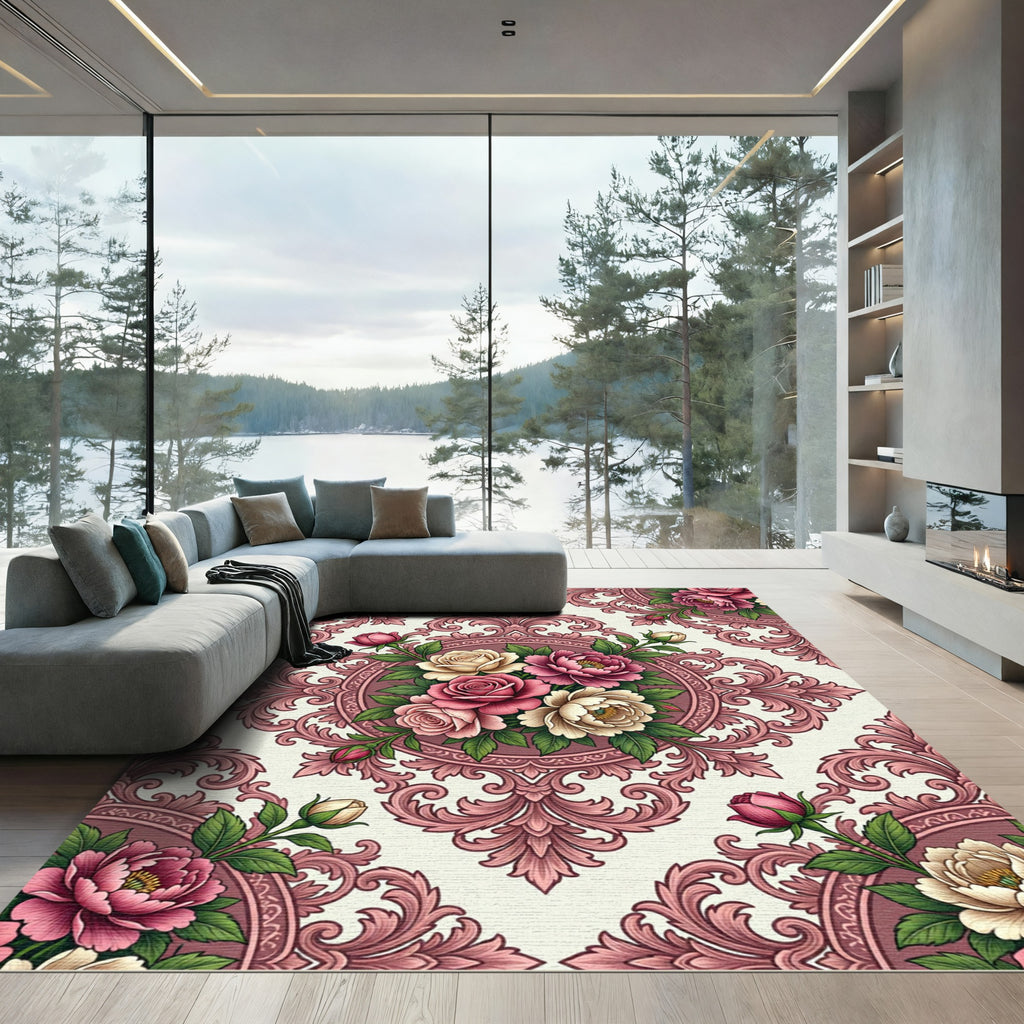 Vintage Rose Medallion Damask Floral Rug