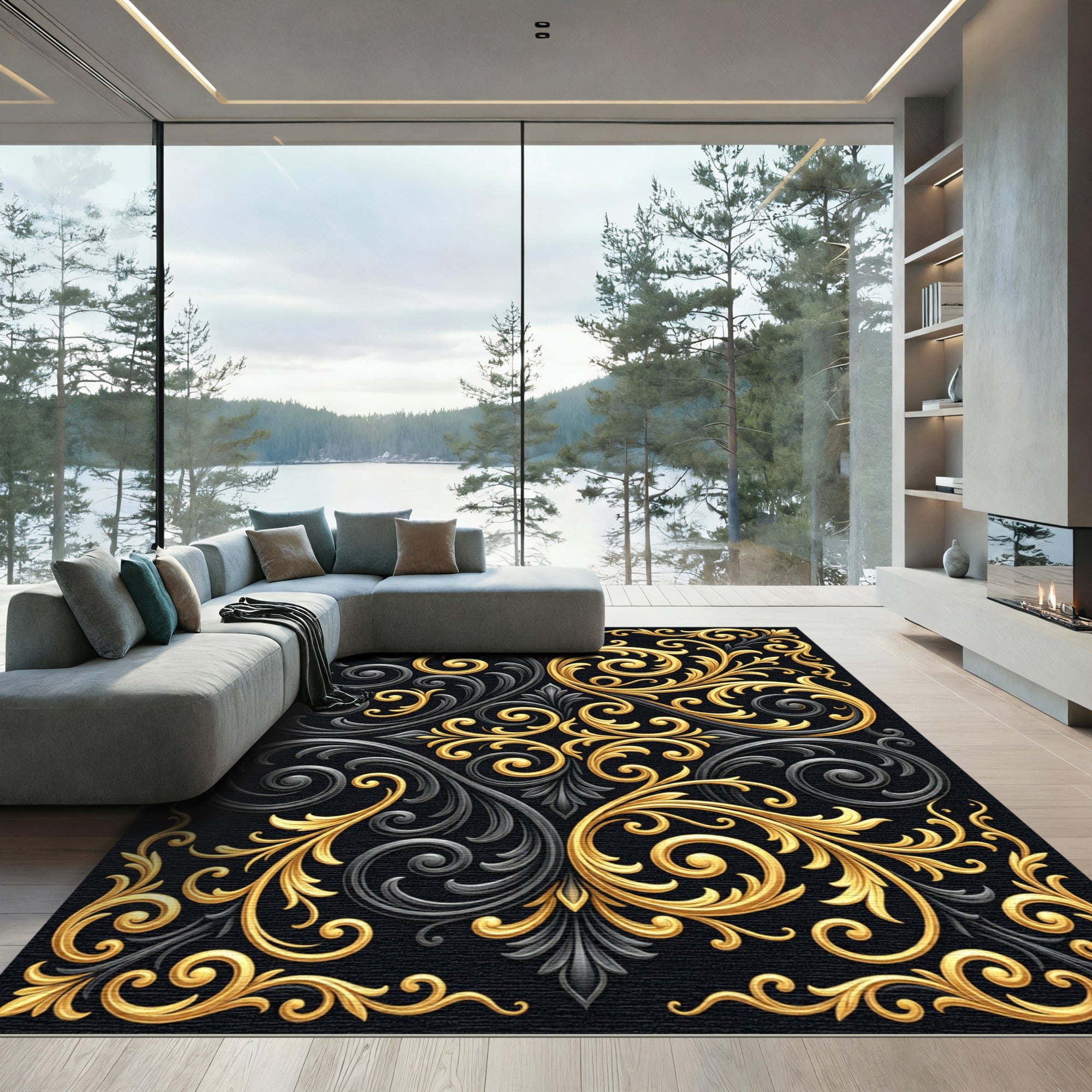 Black Gold Ornate Scrollwork Rug