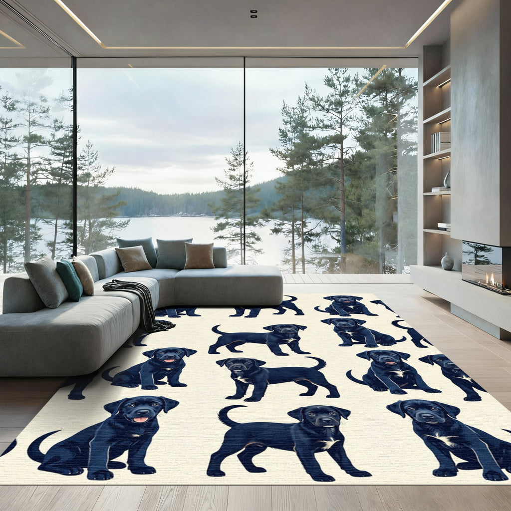 Playful Black Labrador Puppy Illustration Rug