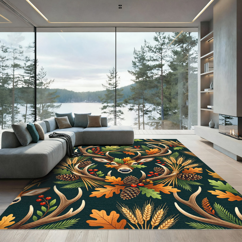 Earthy Autumn Deer Antler Forest Foliage Rug