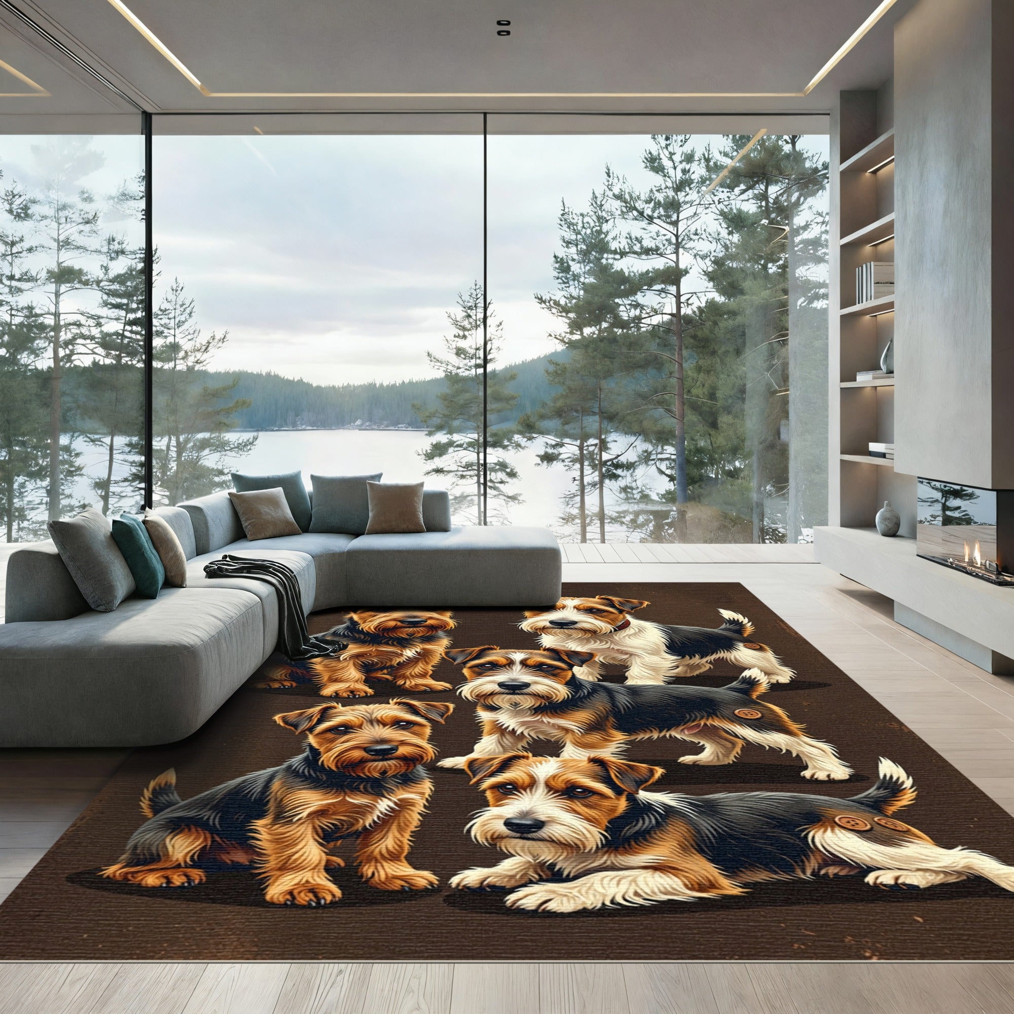 Adorable Terriers on Earthy Brown Background Rug