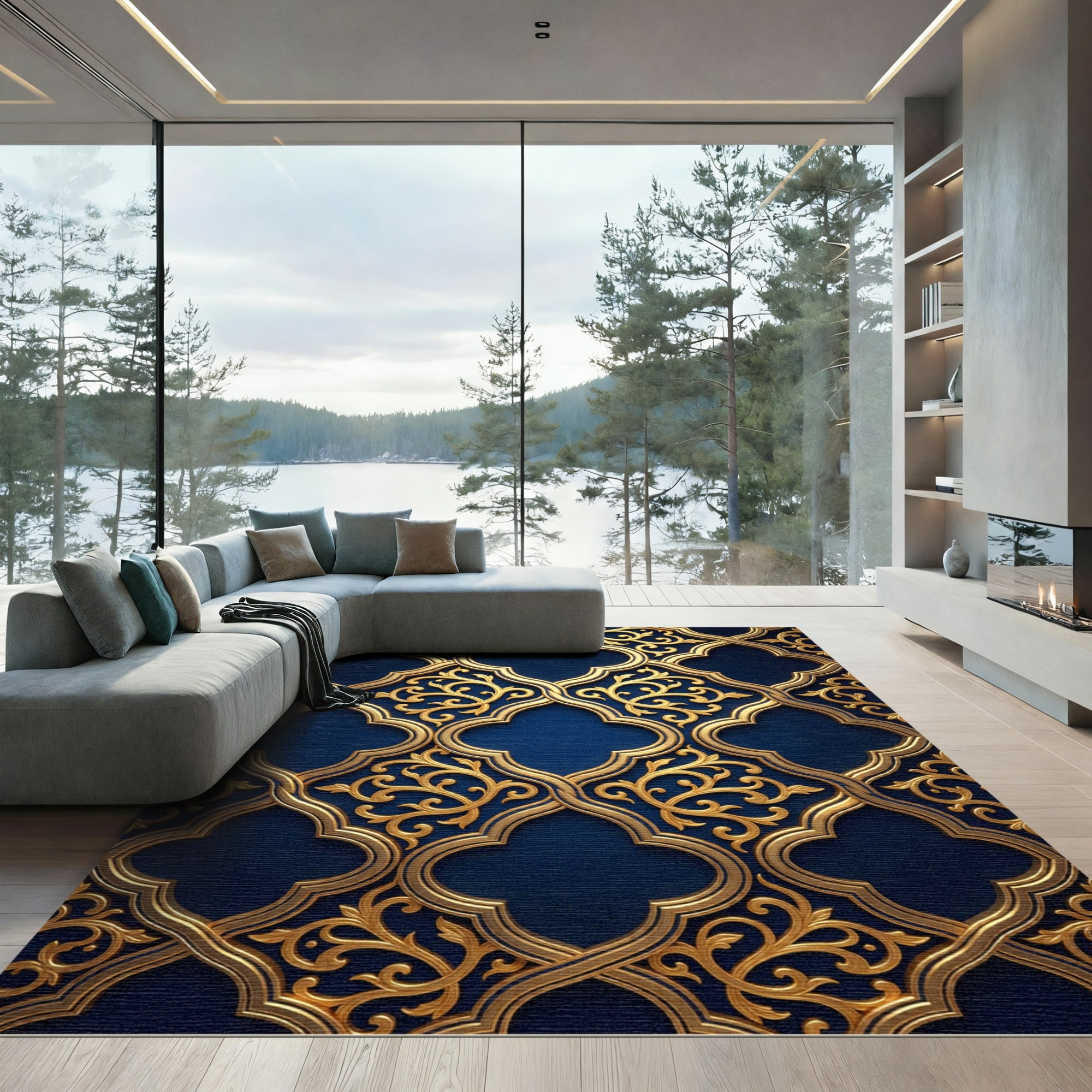 Golden Filigree Arabesque Navy Backdrop Rug