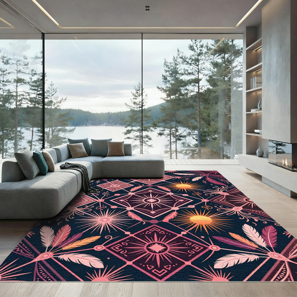 Celestial Sun Feather Geometric Medallion Rug