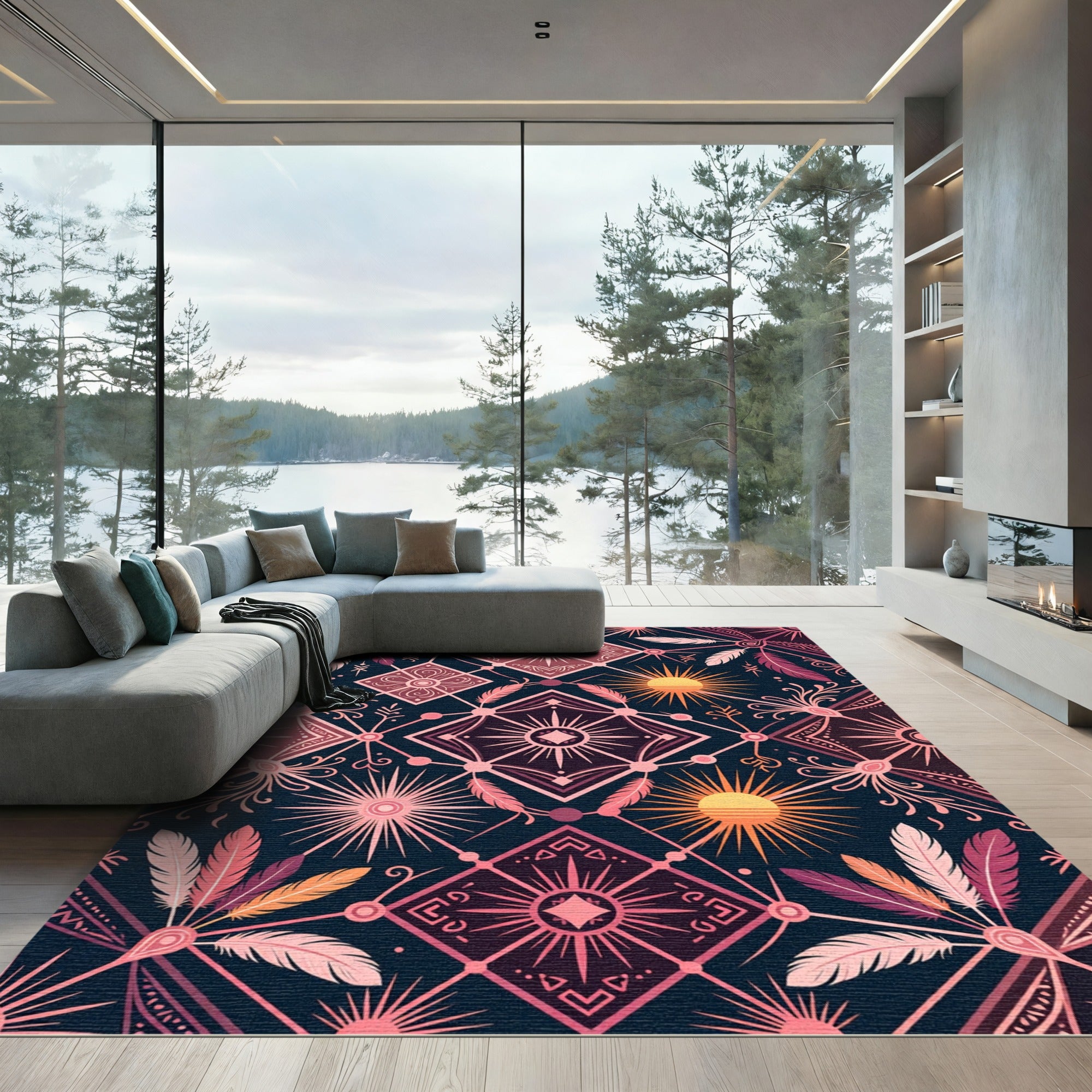 Celestial Sun Feather Geometric Medallion Rug