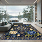 Midnight Blue Floral Gold Medallion Area Rug