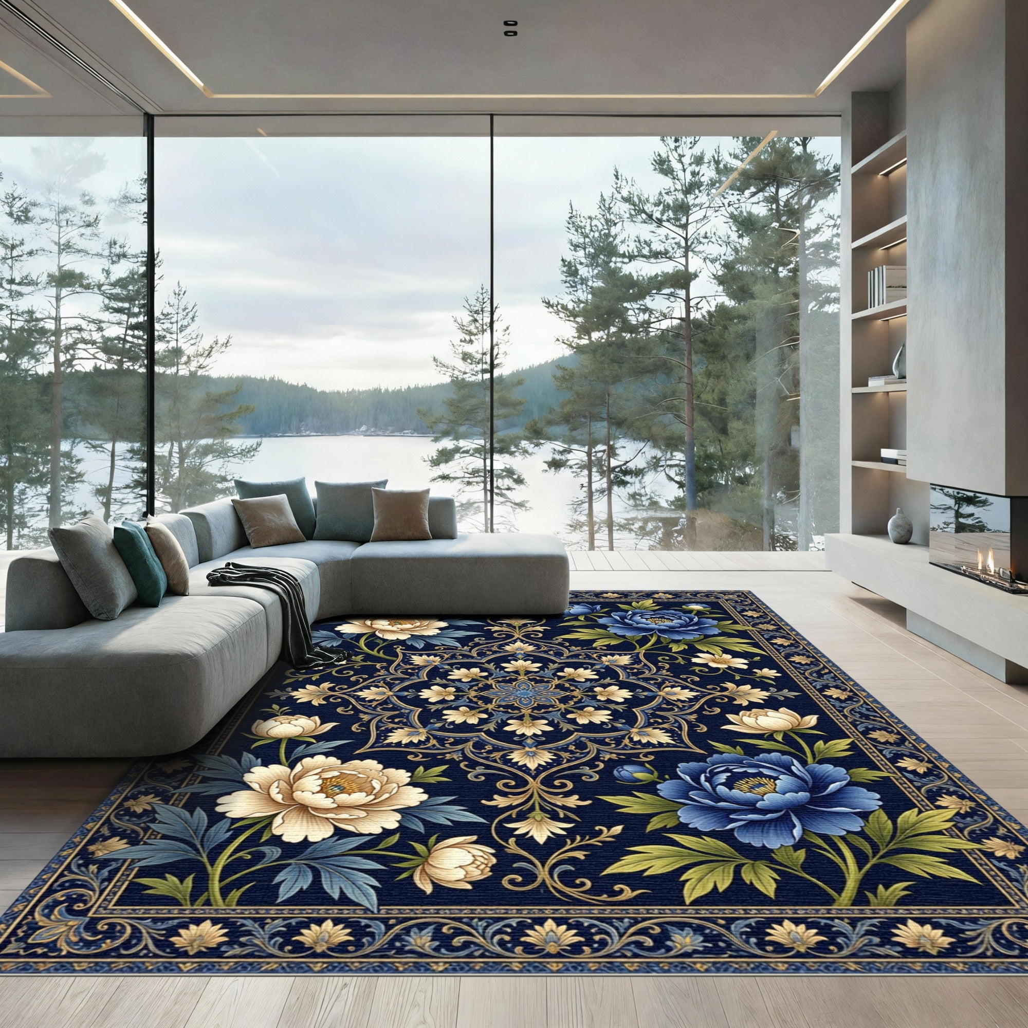 Midnight Blue Floral Gold Medallion Area Rug