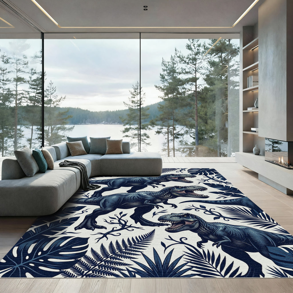 Dark Navy T Rex Tropical Jungle Rug