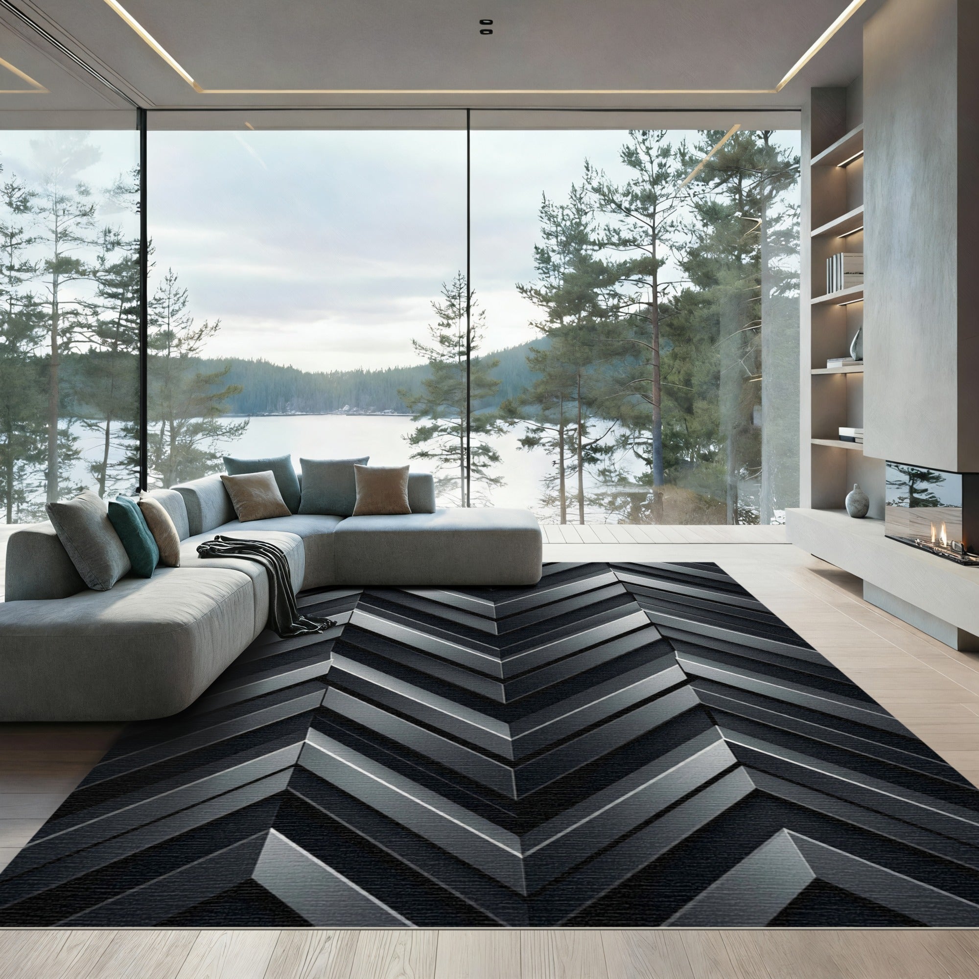 Textured Gray Herringbone Chevron Rug